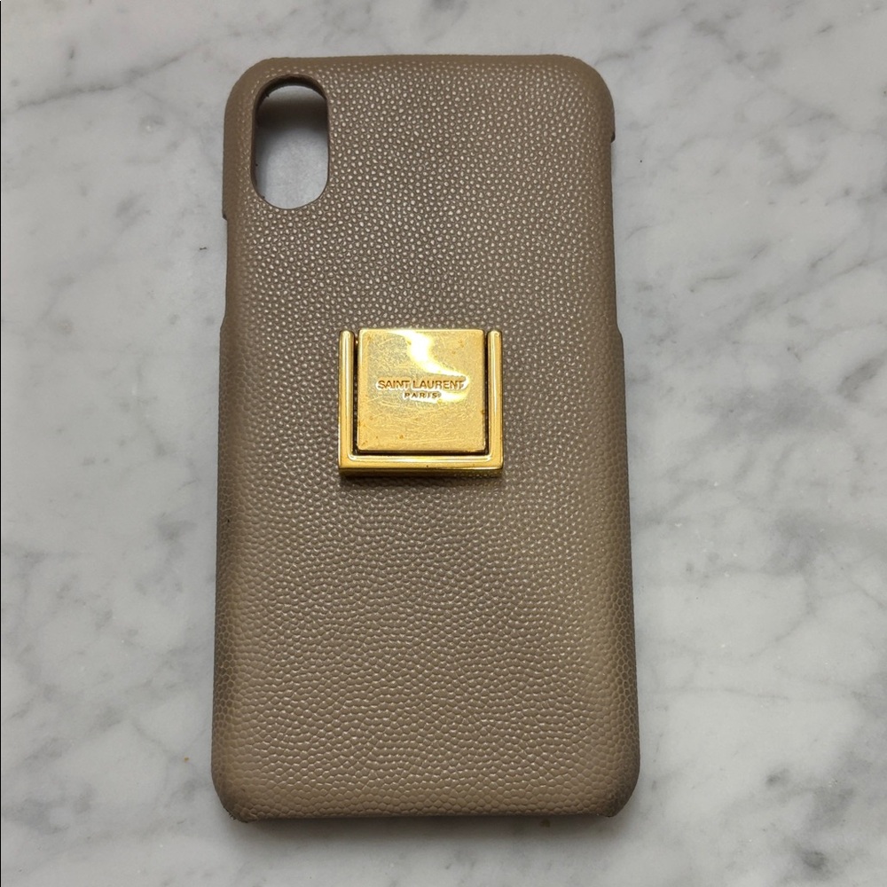 Saint Laurent Taupe Leather iPhone Case with Gold Logo Plate